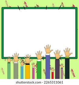 Hands raised up pointing to whiteboard with important information. Big white text holder behind main object contains message. Empty speech bubble on colored background.