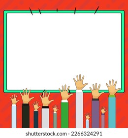 Hands raised up pointing to whiteboard with important information. Big white text holder behind main object contains message. Empty speech bubble on colored background.