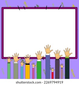 Hands raised up pointing to whiteboard with important information. Big white text holder behind main object contains message. Empty speech bubble on colored background.