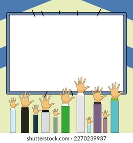 Hands raised up pointing to whiteboard with important information. Big white text holder behind main object contains message. Empty speech bubble on colored background.