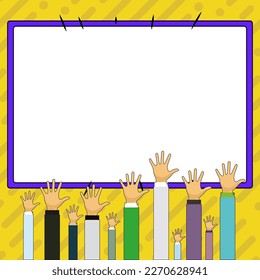 Hands raised up pointing to whiteboard with important information. Big white text holder behind main object contains message. Empty speech bubble on colored background.