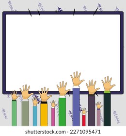 Hands raised up pointing to whiteboard with important information. Big white text holder behind main object contains message. Empty speech bubble on colored background.