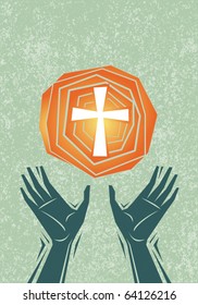 Hands raised in praise and prayer, with cross in the sky. Christian religious theme illustration. All elements including texture pattern on separate layers for easy editing.