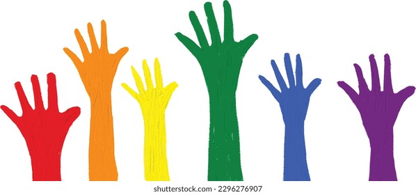 Hands raised up in rainbow oil paint brush  style watercolor,LGBT  Pride month watercolor texture concept. vector 