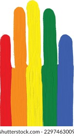 Hands raised up in rainbow oil paint brush  style watercolor,LGBT  Pride month watercolor texture concept. vector 