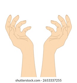 Manos levantadas alcanzando el cielo. Manos extendidas aisladas sobre fondo blanco. Ilustración vectorial