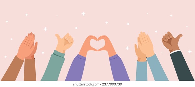 Manos levantadas con forma de corazón, pulgares arriba y aplaudiendo. Grupos de manos juntas. Atención, concepto de apoyo. 