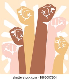 Hands are raised to show standing against discrimination and injustice 