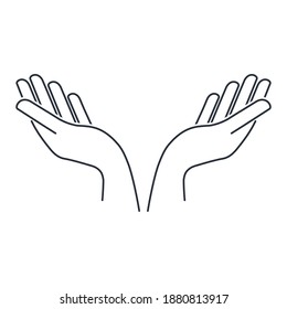  Hands raised up sign. Concept of grateful donation, love people, request,  belief, faith and hope.   Open palms. Vector linear icon isolated on white background.