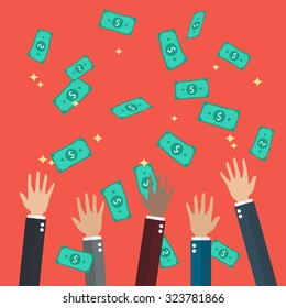 Hands raised throwing and catching money in the air. Flat style design