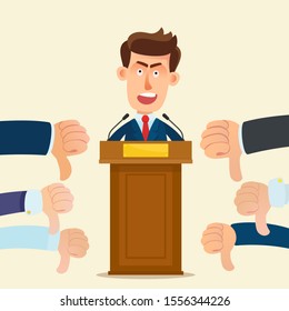 Lot of hands with raised thumb down. People not support the candidate. Failure voting, people disagree. Voters dislike ideas of orator. Vector illustration flat cartoon style. Isolated background.