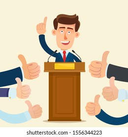 Lot of hands with a raised thumb up. People support the candidate. Successful voting. Voters like speech of leader. Vector illustration, flat design cartoon style. Isolated background.