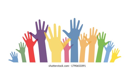 Hands raised up in trendy flat style. Colorful hands symbol for your web site design, logo, app, UI Vector EPS 10.	