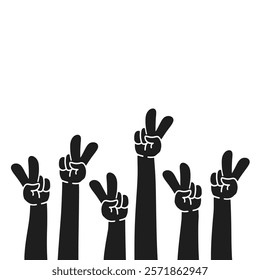 Hands raised with two fingers of peace. Peace sign illustration. Raised hand wave illustration.