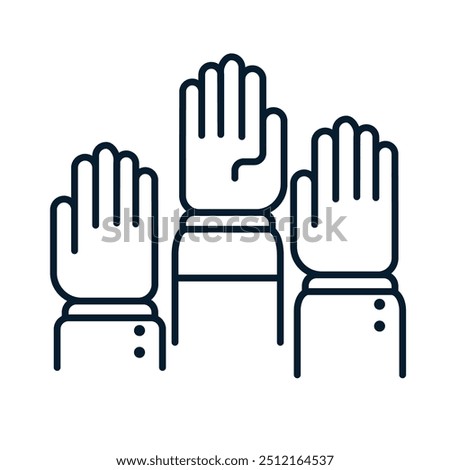 Hands raised up. Concept of rally, voting. Vector linear icon isolated on white background.