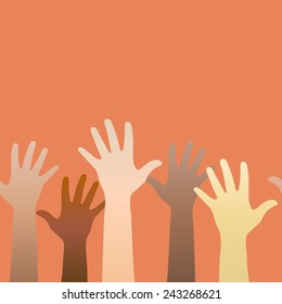Hands raised up. Concept of volunteerism, multi-ethnicity, equality, racial and social issues. Horizontally seamless. Simple design. Vector illustration