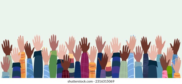 Hands raised up, different people from different ethnic groups. Female and male hands isolated on a pastel background. Vector illustration. The concept of diversity