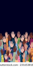 Las manos levantadas, diferentes personas de diferentes grupos étnicos. Ilustración vectorial. El concepto de diversidad. Manos elevadas de diferentes colores de piel