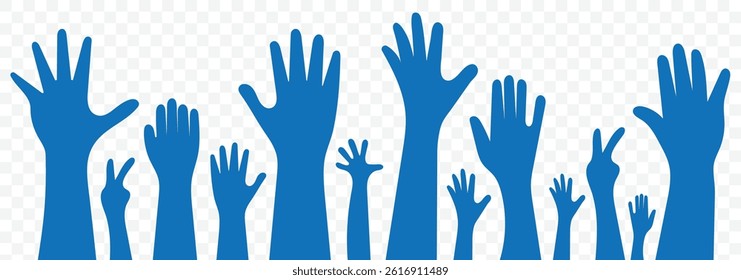 Hands raised up, different people from different ethnic groups. Raise hand symbols. Big event, concert or sport. Vector illustration
