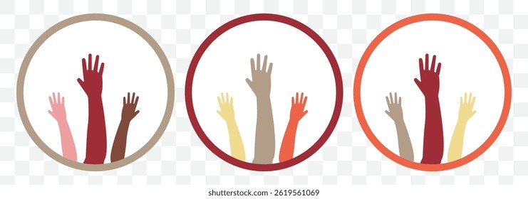 Hands raised up, different people from different ethnic groups. isolated on white background. Colorful silhouettes of people's hands, vector interracial illustration on Transparent Background. EPS 10.