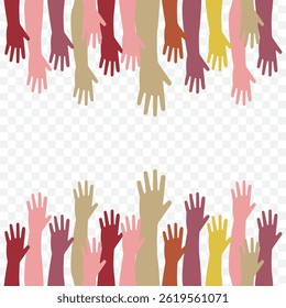 Hands raised up, different people from different ethnic groups. isolated on white background. Colorful silhouettes of people's hands, vector interracial illustration on Transparent Background. EPS 10.