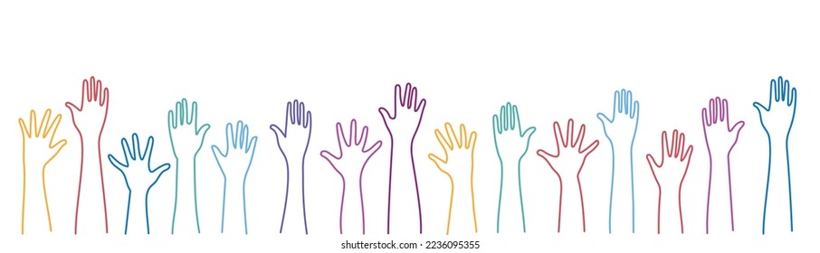 Hands raised up. Group of diverse human arms. Concept of international volunteer community. Hand drawn vector illustration.