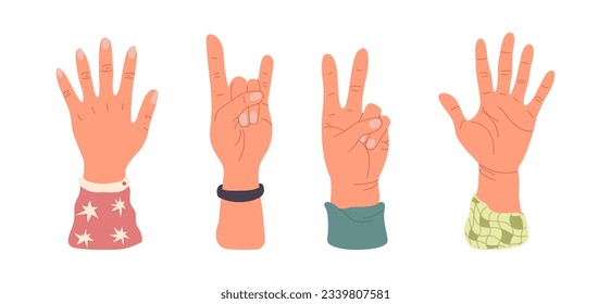 Hands raised up. Hand gesture. Fingers of hands how victory symbol. Spread fingers, inside of palm. Human arms with accessories. Colored flat vector illustration isolated on white background