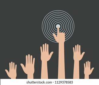 hands raised up, human hand presses a button