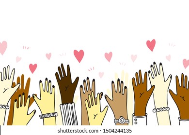 Hands raised up. People of different nationalities. I love you. All you need is love. Hand drawn hands of Blacks, Europeans, Asians, Africans. Panoramic vector illustration.