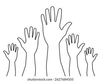 Hands raised up vector. Hand vector line icon illustration. People vote by hand sign. Raised helping hands. 