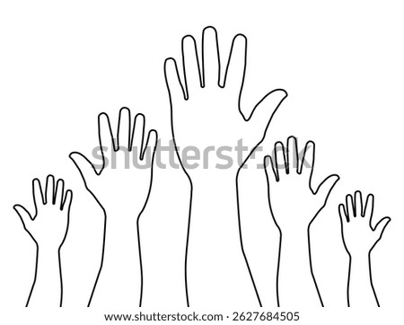 Hands raised up vector. Hand vector line icon illustration. People vote by hand sign. Raised helping hands. 