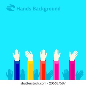 Hands raised up for voting or polling. Brochure, leaflet design