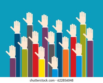 Hands raised in voting sign. Concept of meeting and opinion, volunteer, collaboration, vote and business. Design in Vector illustration.