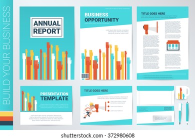 Hands raising book cover and presentation template with flat design elements, ideal for company information or infographic annual report