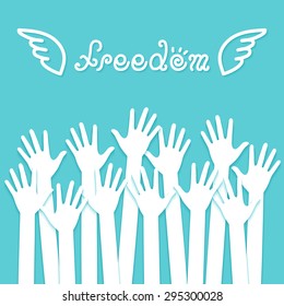 hands raising up with freedom and wings sign. vector.