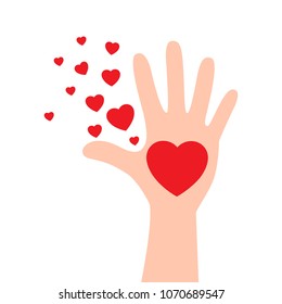 hands raising love with heart, Heart on the open palm.  Vector illustration isolated on white background