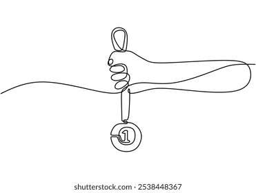 Hands raising medals illustrated in continuous one line drawing. Sport activity concept celebrating success and recognition in sports.