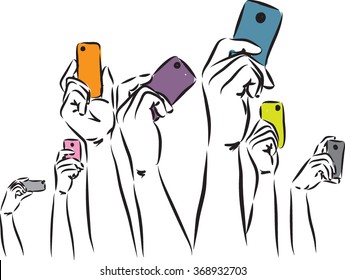 hands raising phones illustration