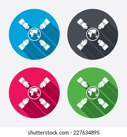 Hands reach for earth sign icon. Save planet symbol. Circle buttons with long shadow. 4 icons set. Vector