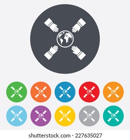 Hands reach for earth sign icon. Save planet symbol. Round colourful 11 buttons. Vector