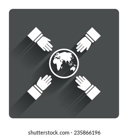 Hands reach for earth sign icon. Save planet symbol. Gray flat square button with shadow. Modern UI website navigation. Vector
