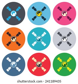 Hands reach for earth sign icon. Save planet symbol. Colored round buttons. Flat design circle icons set. Vector