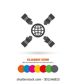 Hands reach for earth sign icon. Save planet symbol. Classic flat icon. Colored circles. Vector