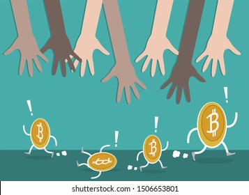 hands reach golden coin, vector, illustration