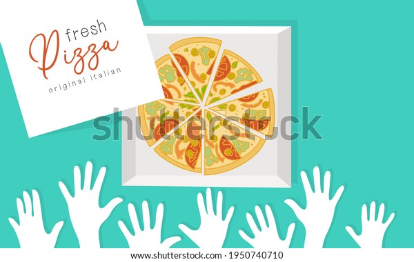 Hands reach for a huge pizza on the\
dining table, top view. The pizza is divided into\
pieces.