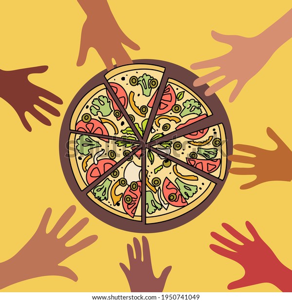 Hands reach for a huge pizza on the\
dining table, top view. The pizza is divided into\
pieces.