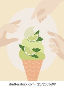 Hands reach for ice cream. Ice cream. Colorfull art. Retro posters with eat. 90s 80s 70s groovy posters. Modern trendy print. Hand drawn ice cream with fruit. Vector illustration