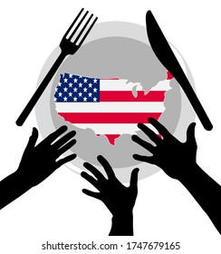 hands reach for a map of U.S. America which lies on a plate. The concept of social inequality, hunger and poverty in the country and the world. The concept Immigration crisis in U.S. America