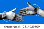 Hands reach out to each other. Handshake. Halftone retro hands. Paper cutout elements. Trendy vintage newspaper parts. Hands tied with thread. Shaking hands. Make a deal. Successful agreement