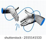 Hands reach out to each other. Handshake. Halftone retro hands. Body parts cut out of newspaper. Hands tied with thread. Shaking hands. Make a deal. Successful agreement. Modern collage